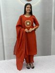 TRENDING ROMAN SILK THREAD & HANDWORK REAL HAND MIRROR WORK TOP BOTTOM WITH DUPATTA ORANGE