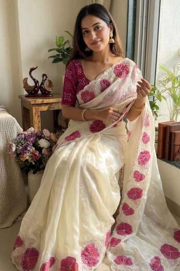 TRENDING SPACE SILK APLIC WORK WITH SEQUENCE  EMBROIDERY WORK SAREE WITH UNSTITCHED BLOUSE PINK