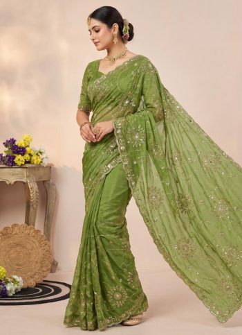 TRENDING SPACE SILK GOLD BEADS WORK SAREE WITH UNSTITCHED BLOUSE PISTA