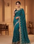 TRENDING SPACE SILK GOLD BEEDS BHUNGALI WORK  SAREE WITH UNSTITCHED BLOUSE TEAL