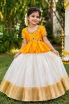 RICH LOOK CHINON SILK FLORAL EMBROIDERY WORK KID'S TOP LEHENGA SET YELLOW