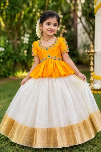 RICH LOOK CHINON SILK FLORAL EMBROIDERY WORK KID'S TOP LEHENGA SET YELLOW