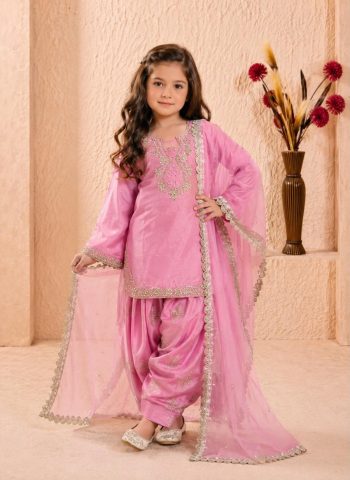 FANCY ROMAN GLASS SILK EMBROIDERY 3 MM SEQUENCE WORK WITH RIVET MOTI WORK KID'S TOP PATIYALA WITH DUPATTA BABY PINK
