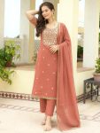 RICH LOOK ROMAN SHIMMER BEADS AND EMBROIDERY & SEQUENCE WITH  LACE BORDER WORK TOP BOTTOM WITH DUPATTA PEACH