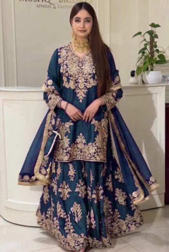 LUXURY CHINON SILK THREAD WITH SEQUNCE TOP PALAZZO WITH DUPATTA  TEAL
