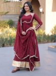 DESIGNER SILVER CRUNCHY MIRROR LACE WORK GOWN WITH DUPATTA MAROON
