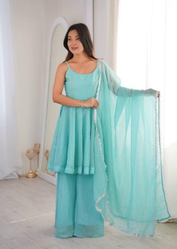 MODERN CRUNCHY SILK ZARKAN WORK TOP PALAZZO WITH DUPATTA SKY