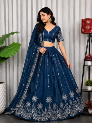 TRENDING CHINON SEQUENCE AND THREAD EMBROIDERY WORK LEHENGA CHOLI WITH DUPATTA TEAL