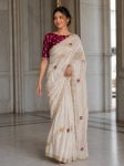DESIGNER FENDY SATIN SILK EMBROIDERY WITH CUTWORK BORDER SAREE WITH UNSTITCHED BLOUSE OFF WHITE
