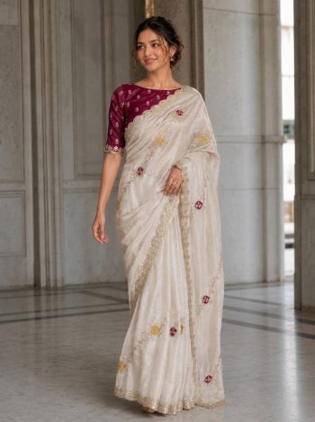 DESIGNER FENDY SATIN SILK EMBROIDERY WITH CUTWORK BORDER SAREE WITH UNSTITCHED BLOUSE OFF WHITE