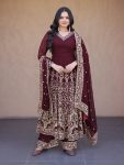 DESIGNER FAUX BLOOMING EMBROIDERY MULTI-SEQUENCE WORK GOWN BOTTOM WITH DUPATTA MAROON