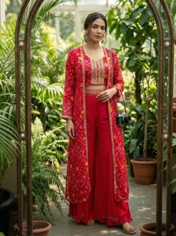 FANCY CHINON SILK BANDHANI DIGITAL PRINT WITH SEQUENCE EMBROIDERY LACE BORDER WORK PALAZZO BLOUSE WITH SHRUG RED