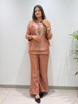 RICH LOOK SALSA SILK PLAIN TOP PALAZZO WITH EMBROIDERY BEADS WORK SHRUG CHIKU
