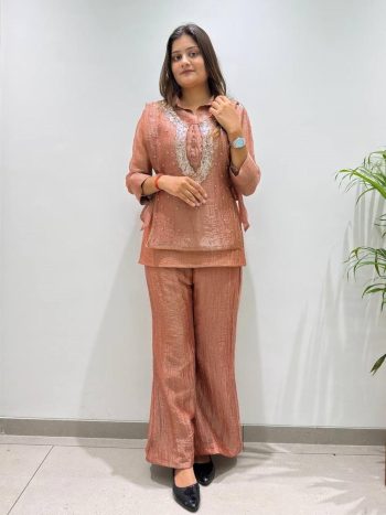 RICH LOOK SALSA SILK PLAIN TOP PALAZZO WITH EMBROIDERY BEADS WORK SHRUG CHIKU
