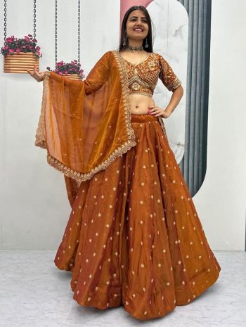 DESIGNER MOSS EMBROIDERY BEADS & SEQUENCE WORK LEHENGA CHOLI WITH DUPATTA MUSTARD