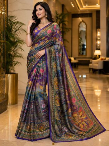 ATTRACTIVE CHINON SILK REAL MIRROR HANDWORK SAREE WITH UNSTITCH BLOUSE MULTI
