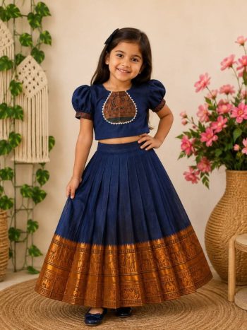 ATTRACTIVE COTTON NARAYAN PET ZARI WEAVING BOARDER WORK KID'S LEHENGA CHOLI WITH DUPATTA NAVY BLUE