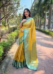 ATTRACTIVE KANCHIPURAM TISSUE  ZARI WEAVING WORK SAREE WITH UNSTITCHED BLOUSE YELLOIW