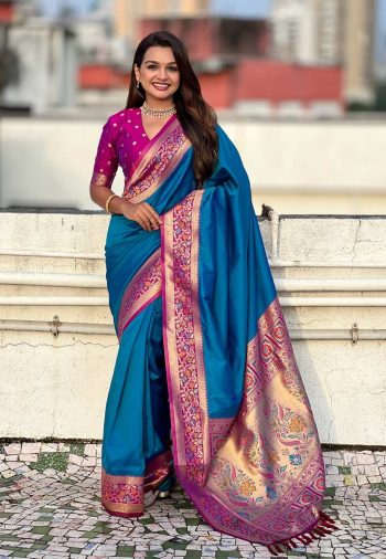 BOLLYWOOD SOFT SILK GALA PLAIN  WITH KADIYAL PAITHANI WEAVES WORK SAREE WITH UNSTITCHED BLOUSE RAMA