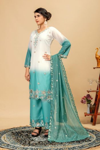 BOLLYWOOD STAR GEORGETTE EMBROIDERY BEADS WORK WITH CUT-WORK TOP PALAZZO WITH DUPATTA RAMA
