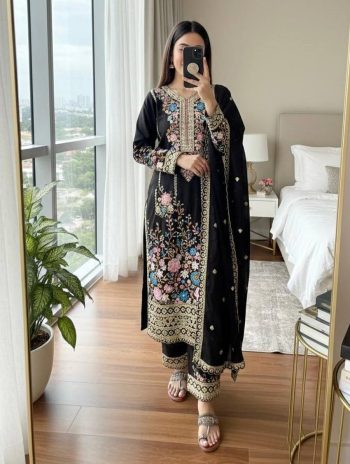 DESIGNER CHINON EMBROIDERY SEQUENCE DIAMOND HAND WORK TOP PALAZZO WITH DUPATTA  BLACK