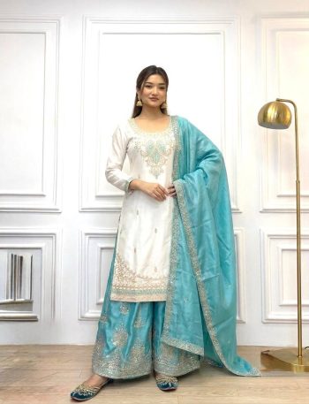 DESIGNER CHINON SILK EMBROIDERY 3 MM SEQUENCE WORK TOP PALAZZO WITH DUPATTA  RAMA AND WHITE