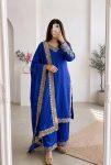 DESIGNER CHINON SILK EMBROIDERY & SEQUENCE WORK  TOP PALAZZO WITH DUPATTA BLUE