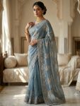 DESIGNER FENDY SATIN BEADS EMBROIDERY WORK WITH SEQUENCE AND CUT WORK BORDER SAREE WITH UNSTITCHED BLOUSE SKY