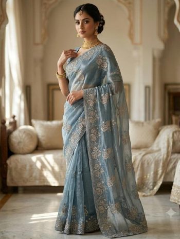 DESIGNER FENDY SATIN BEADS EMBROIDERY WORK WITH SEQUENCE AND CUT WORK BORDER SAREE WITH UNSTITCHED BLOUSE SKY