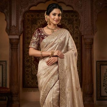 DESIGNER FENDY SATIN EMBROIDERY 3 MM SEQUENCE WORK HEAVY BORDER SAREE WITH STITCHED BLOUSE CREAM