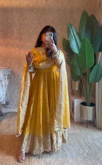 DESIGNER FENDY SILK EMBROIDERY  SEQUENCE WORK GOWN BOTTOM WITH DUPATTA YELLOW