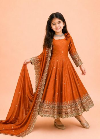 DESIGNER FENDY SILK SEQUENCE EMBROIDERY WORK KID'S GOWN BOTTOM WITH DUPATTA ORANGE