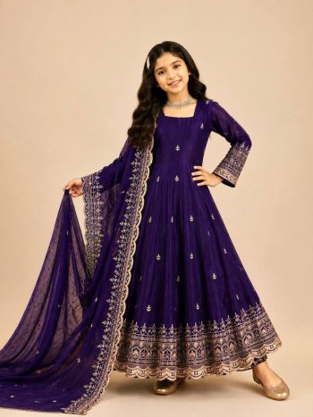 DESIGNER FENDY SILK SEQUENCE EMBROIDERY WORK KID'S GOWN BOTTOM WITH DUPATTA PURPLE
