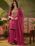 DESIGNER FRENCH CREPE EMBROIDERY WORK TOP PALAZZO WITH DUPATTA PINK