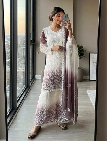 DESIGNER GEORGETTE EMBROIDERY WORK WITH JARKHAN DIAMOND  WORK  TOP PALAZZO WITH DUPATTA WHITE AND PURPLE