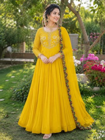 DESIGNER GEORGETTE SEQUENCE EMBROIDERY WORK GOWN WITH DUPATTA YELLOW