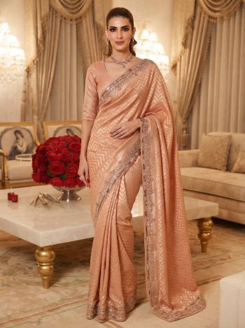 DESIGNER KAJIVARAM SILK CUTDANA, BEADS & SEQUENCE EMBROIDERY WORK SAREE WITH UNSTITCHED BLOUSE PEACH