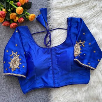 DESIGNER MALAI SATIN HAND WORK STITCHED BLOUSE BLUE