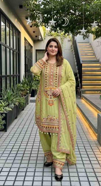 DESIGNER MUL CHANDERI EMBROIDERY SEQUENCE WITH REAL MIRROR HAND WORK AND FANCY LACE WORK TOP PATIYALA WITH DUPATTA PISTA