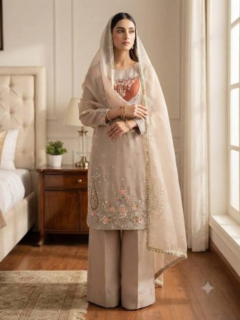 DESIGNER NC MOSS EMBROIDERY SEQUENCE WORK  TOP PALAZZO WITH DUPATTA CREAM