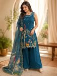 DESIGNER ROMAN SILK ORIGINAL MIRROR WORK WITH EMBROIDERY WORK TOP PALAZZO WITH DUPATTA TEAL