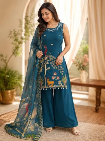 DESIGNER ROMAN SILK ORIGINAL MIRROR WORK WITH EMBROIDERY WORK TOP PALAZZO WITH DUPATTA TEAL