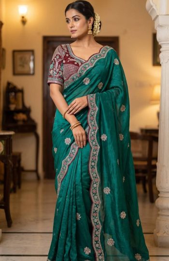 DESIGNER SATIN EMBROIDERY 3 MM SEQUENCE WORK HEAVY BORDER WITH BUTTA WORK SAREE WITH STITCHED BLOUSE DARK GREEN