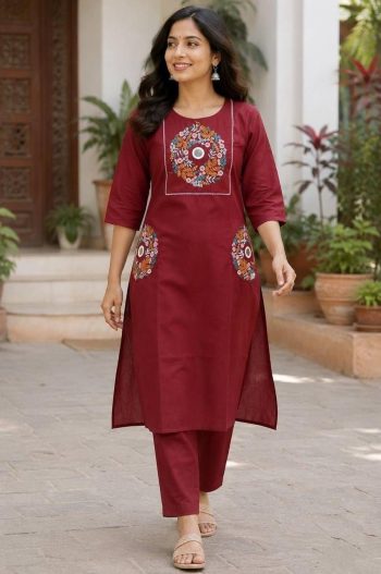 DESIGNER SLUB COTTON EMBROIDERY WORK TOP PENT SET MAROON