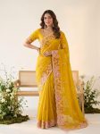 DESIGNER SPACE SILK EMBROIDERY WITH CUTWORK BORDER SAREE WITH UNSTITCHED BLOUSE YELLOW