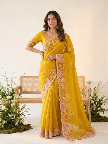 DESIGNER SPACE SILK EMBROIDERY WITH CUTWORK BORDER SAREE WITH UNSTITCHED BLOUSE YELLOW