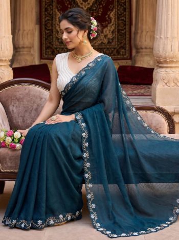 DESIGNER SPACE SILK ORIGINAL ROSE GOLD BEADS AND WHITE PEARL WORK SAREE WITH STITCHED BLOUSE TEAL