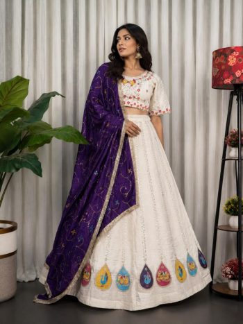 DESIGNER VICHITRA SILK EMBROIDERY MULTI THREAD WORK AND SEQUENCE WORK  AND AARI MIRROR WORK LEHENGA CHOLI WITH DUPATTA WHITE AND PURPLE