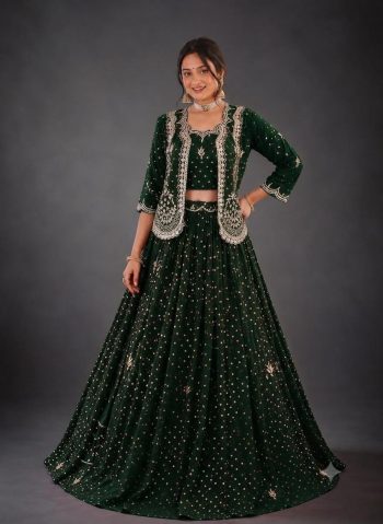 DESIGNER VICHITRA SILK EMBROIDERY THREAD & SEQUENCE WORK LEHENGA CHOLI WITH JACKET GREEN