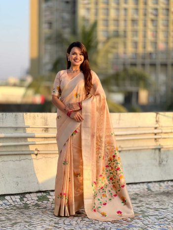 FABULOUS ORGANZA MEENAKARI ZARI WOVEN WORK SAREE WITH UNSTITCHED BLOUSE PINK